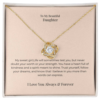 To My Daughter Love Knot Necklace – Inspirational Jewelry Gift for Graduation, Birthday & New Beginnings