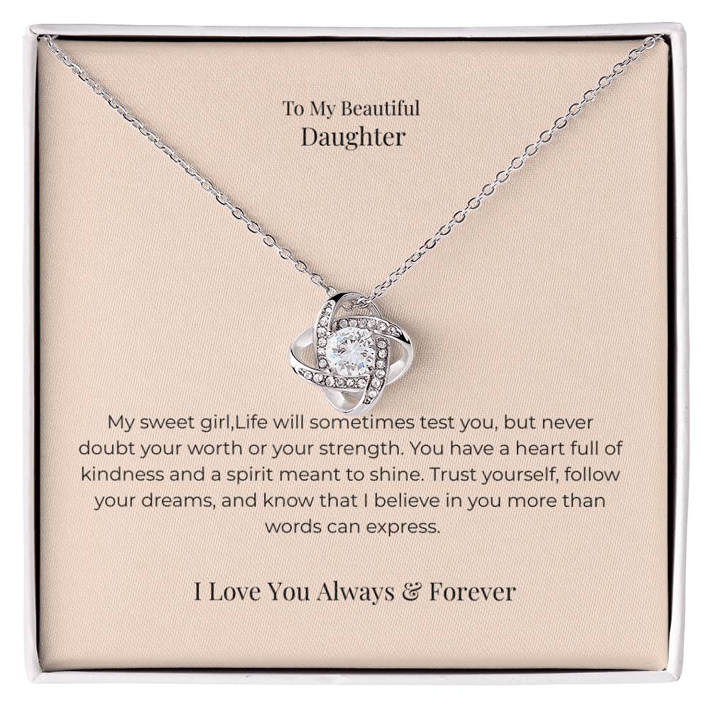 To My Daughter Love Knot Necklace – Inspirational Jewelry Gift for Graduation, Birthday & New Beginnings