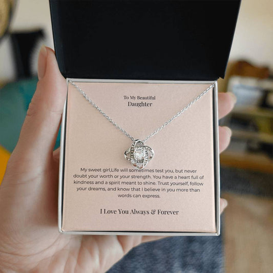 To My Daughter Love Knot Necklace – Inspirational Jewelry Gift for Graduation, Birthday & New Beginnings