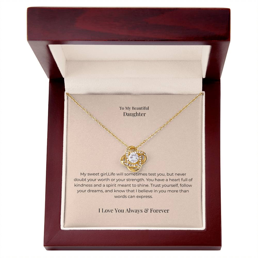 To My Daughter Love Knot Necklace – Inspirational Jewelry Gift for Graduation, Birthday & New Beginnings