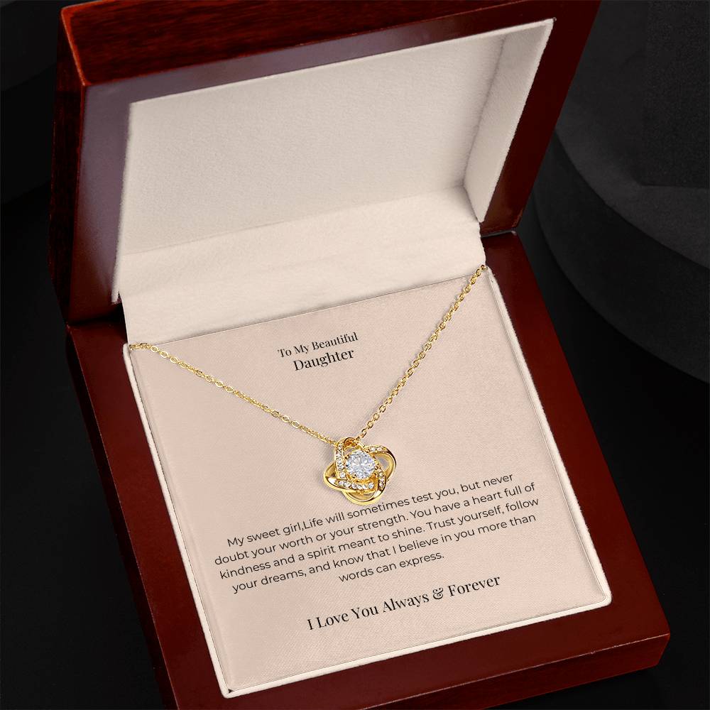 To My Daughter Love Knot Necklace – Inspirational Jewelry Gift for Graduation, Birthday & New Beginnings