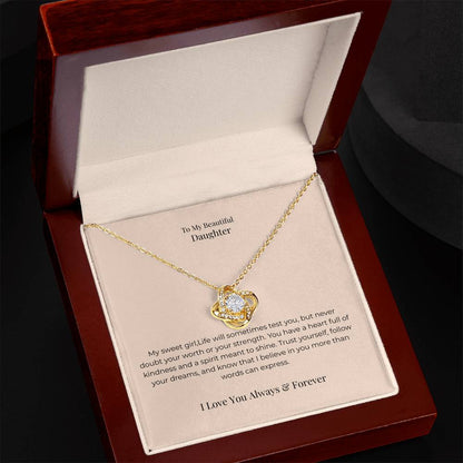 To My Daughter Love Knot Necklace – Inspirational Jewelry Gift for Graduation, Birthday & New Beginnings