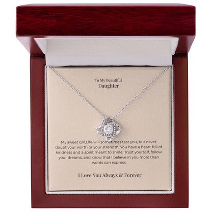 To My Daughter Love Knot Necklace – Inspirational Jewelry Gift for Graduation, Birthday & New Beginnings
